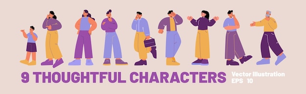 Free vector thoughtful characters set diverse people think