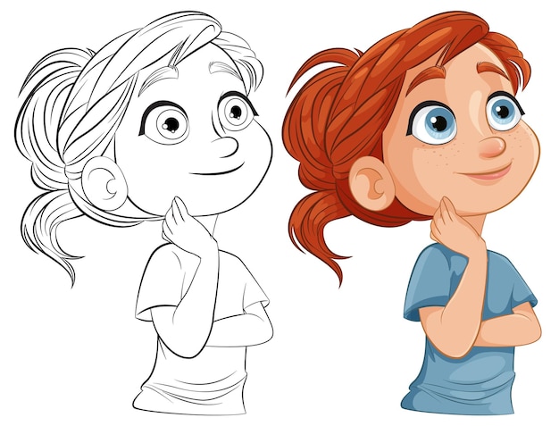Free vector thoughtful girl from sketch to color