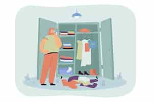 Free vector thoughtful woman choosing clothes in wardrobe flat illustration.