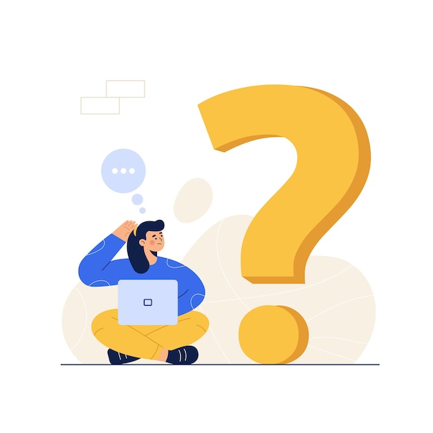 Free vector thoughtful woman with laptop looking at big question mark