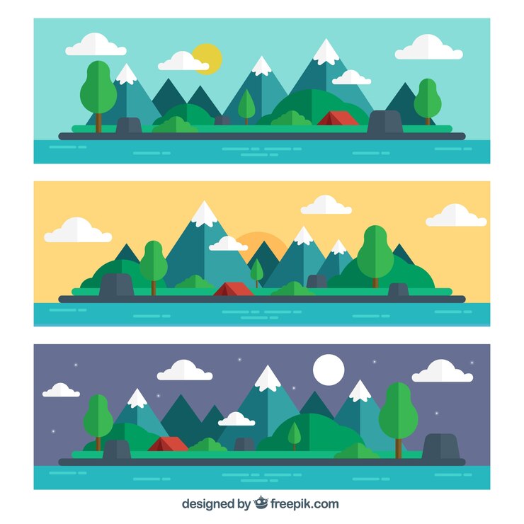 Free Vector three banners of beautiful landscapes in flat design