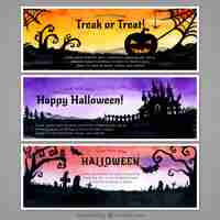 Free vector three banners with horrific scenes of halloween