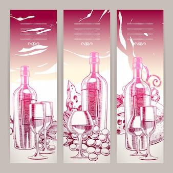 Three beautiful background with a bottle of wine, wineglasses, grapes and cheese. hand-drawn illustration