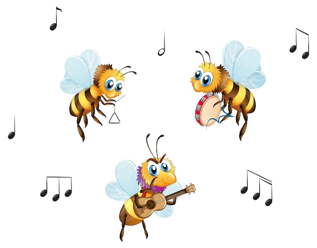 Free vector three bees music band in cartoon style