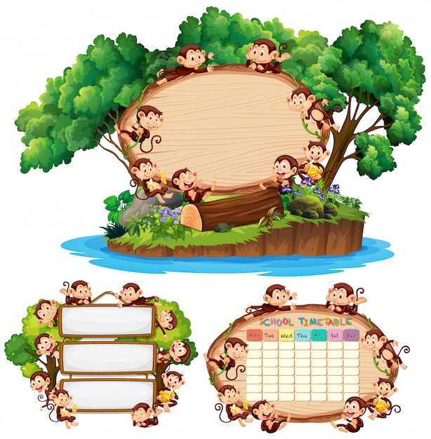 Шаблон три доски со счастливыми обезьянами в фоновом режиме