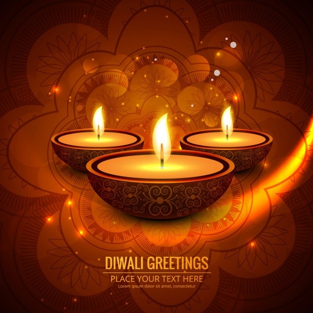 Three candles on an orange abstract background for diwali