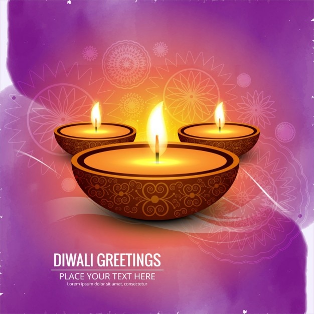 Three candles on purple abstract background for diwali