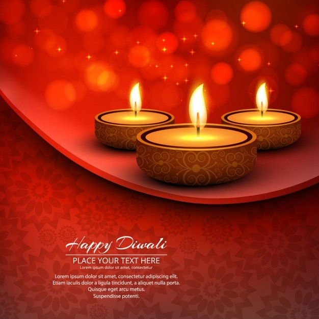 Three candles on a red abstract background for diwali