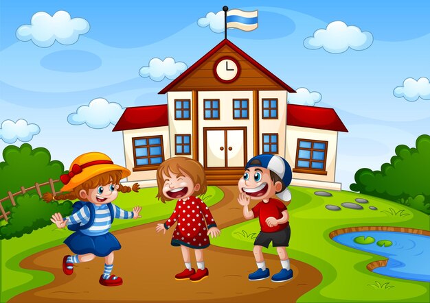 Three children in nature scene with school building