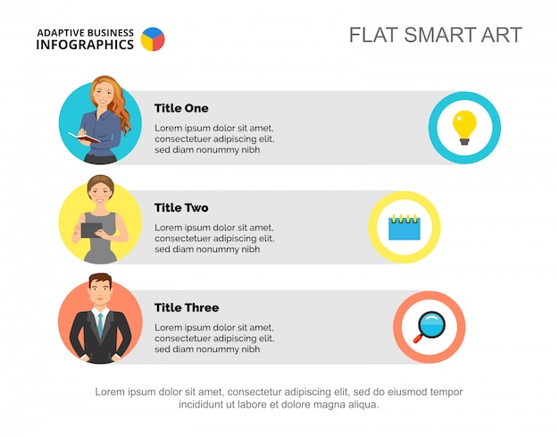 Three colleagues team process chart template for presentation. business data.