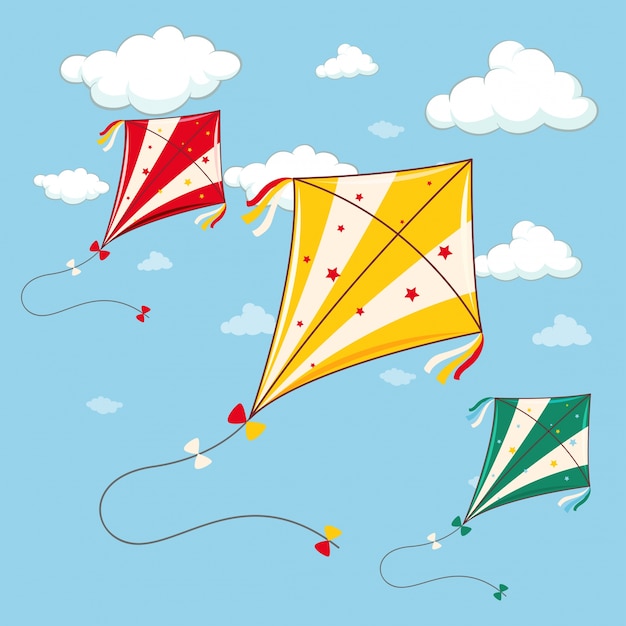 Download Free Three Colorful Kites In The Blue Sky Vector - +08867 ...
