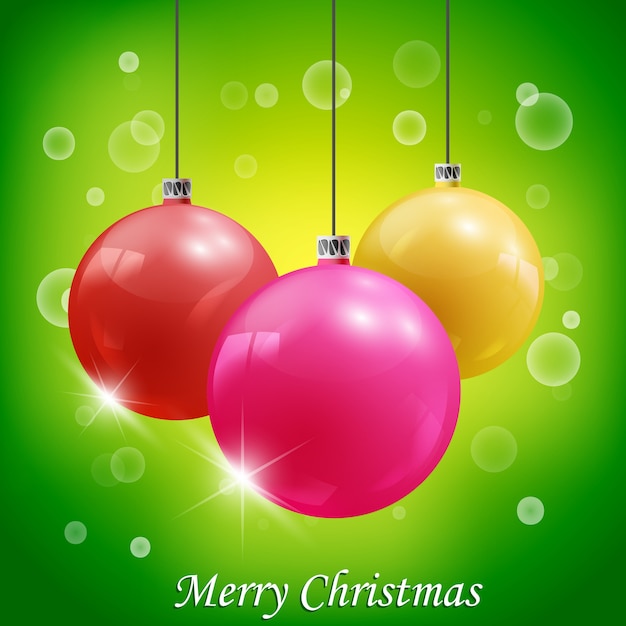 Three colorful realistic christmas decoration balls on bright illustration