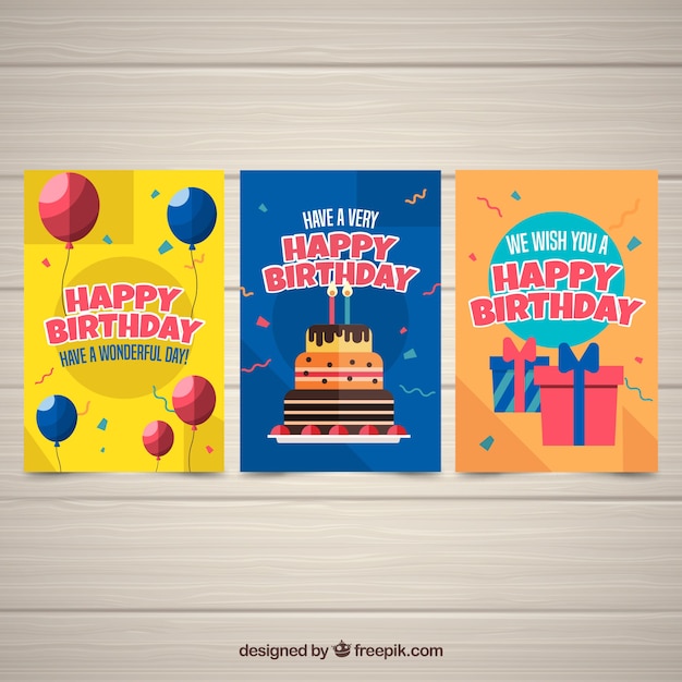 Three colourful birthday cards in flat design