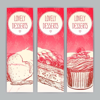 Three cute vertical banners with delicious desserts and a place for text