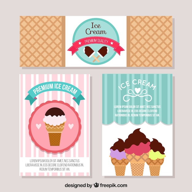 Three decorative cards with ice creams in flat design