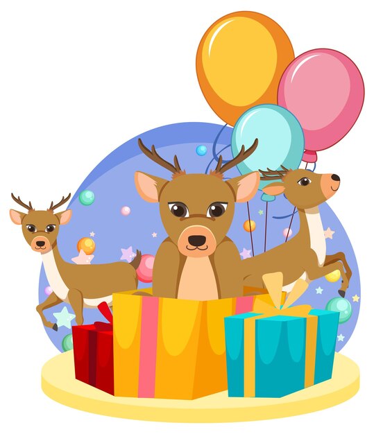Три оленя с подарочными коробками и воздушными шарами