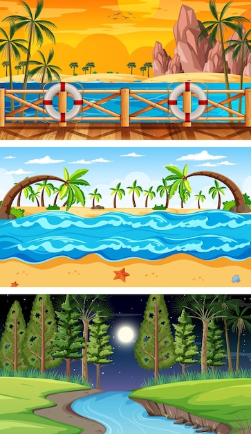 Free vector three different forest horizontal scenes