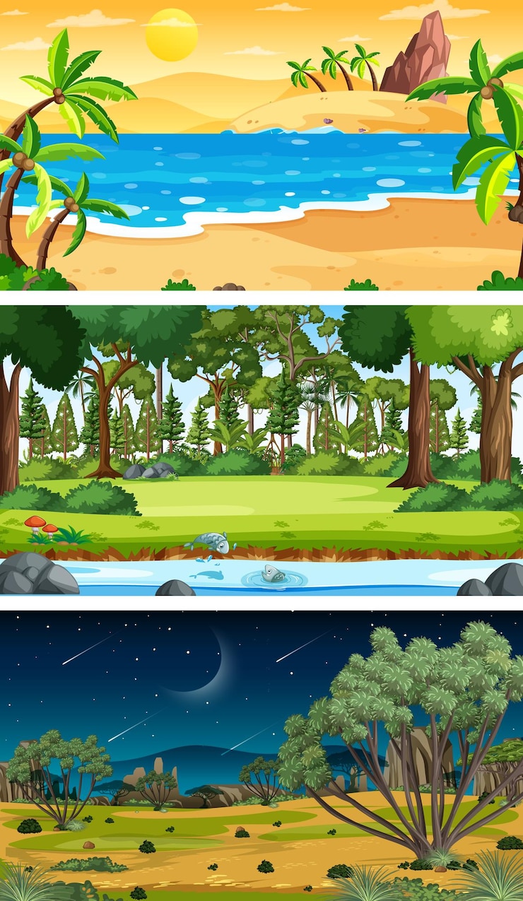 Free Vector three different forest horizontal scenes