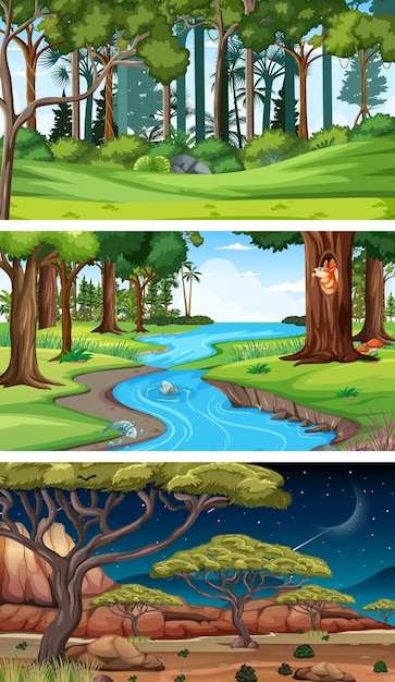 Free vector three different nature horizontal scenes