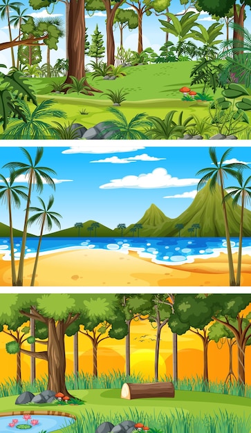 Бесплатное векторное изображение Три разных горизонтальных сцены природы