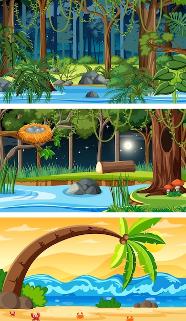 Free vector three different nature horizontal scenes