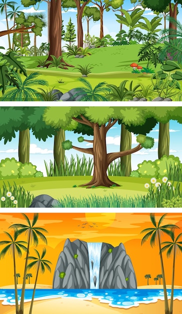 Free vector three different nature horizontal scenes