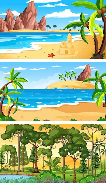 Free vector three different nature horizontal scenes