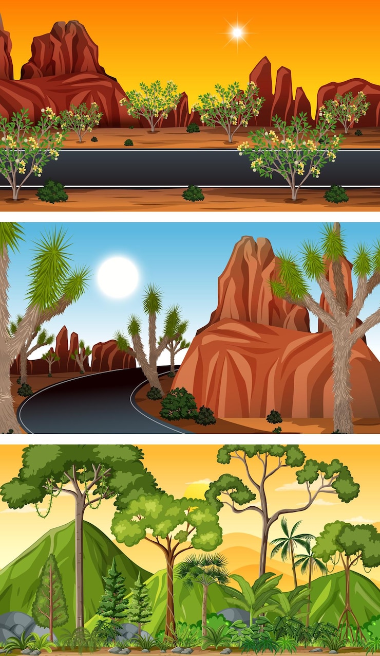 Free Vector three different nature horizontal scenes
