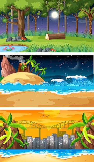 Free vector three different nature horizontal scenes