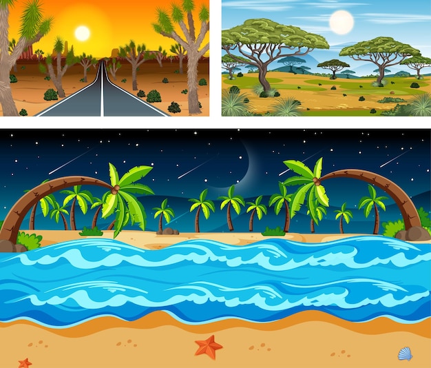 Free vector three different nature landscape scenes