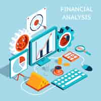 Free vector three dimensional colored financial analysis concept on light blue background.