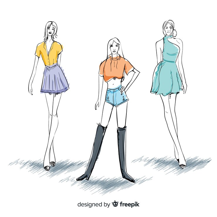 Free Vector three fashion women models posing, sketch style