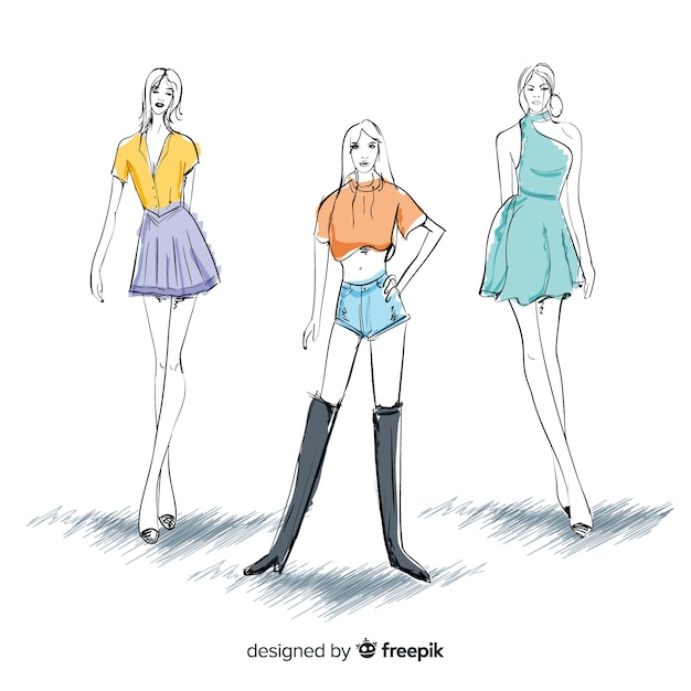 Три модные женские модели позируют, эскиз стиля