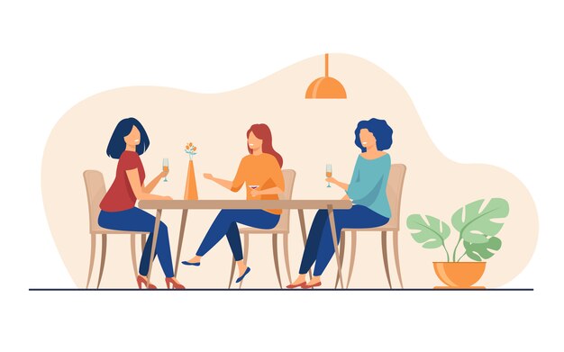 Three female friends sitting in cafe at lunch and talking Free Vector