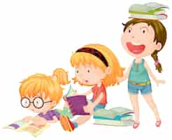 Free vector three girls enjoy reading books