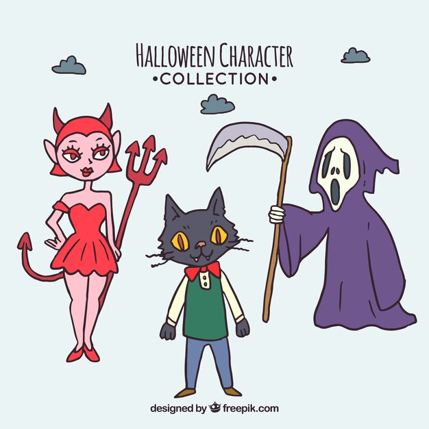 Three hand drawn halloween characters