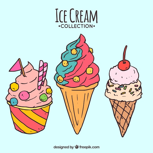 3つの手描きのおいしいアイスクリーム