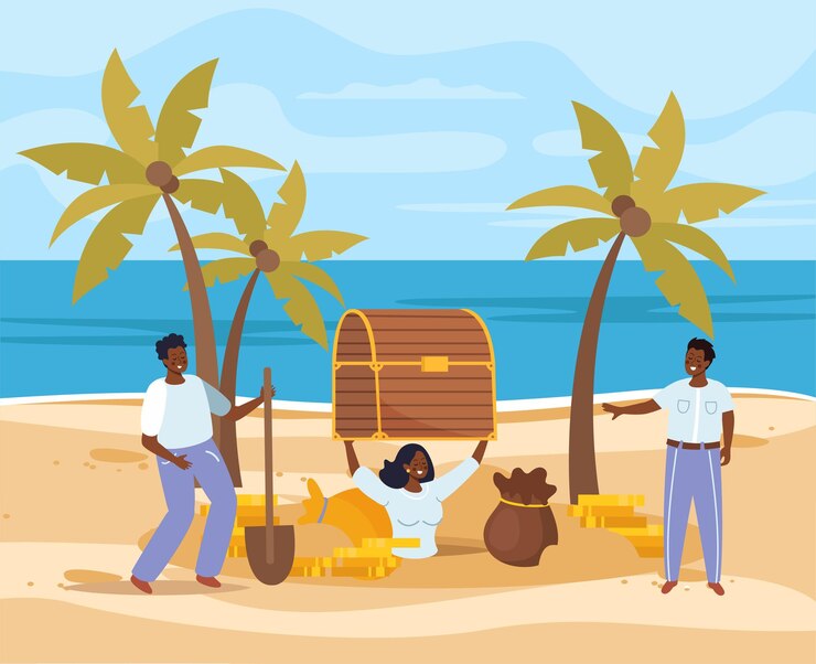 Free Vector three happy treasure hunters with shovel who found chest with gold on sandy beach flat vector illustration
