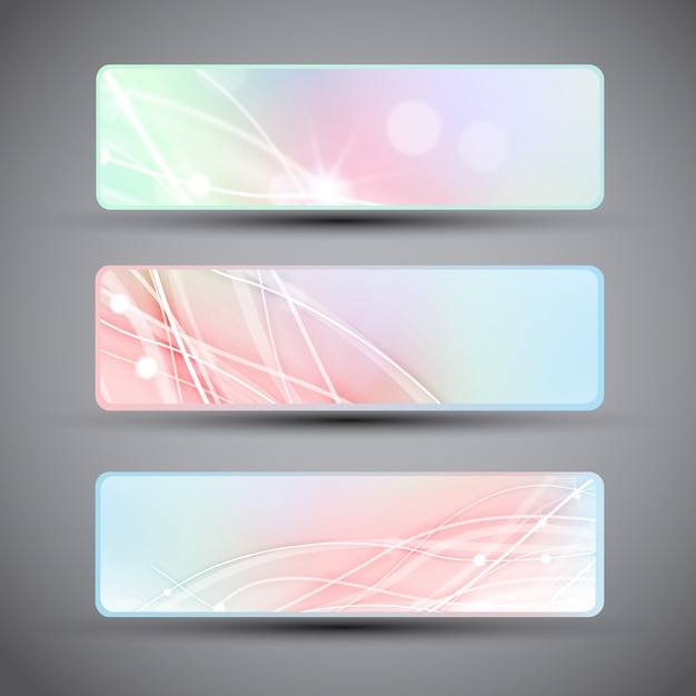 Free vector three horizontal banners with abstract lines in pastel colors isolated with dark corners flat