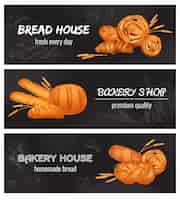 Бесплатное векторное изображение Три горизонтальных хлебобулочных реалистичных баннера с хлебным домиком каждый день свежий хлебобулочный магазин премиум качества и домашний хлеб заголовок иллюстрации