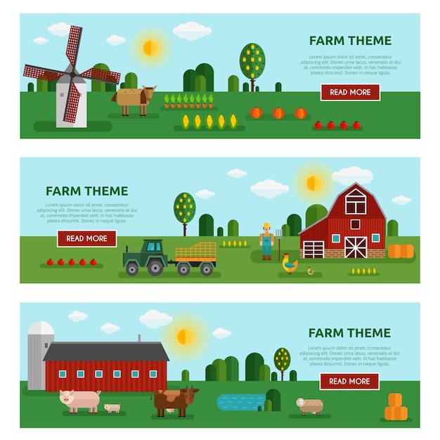 Free vector three horizontal colored flat farm vegetables banner set with farm themes descriptions