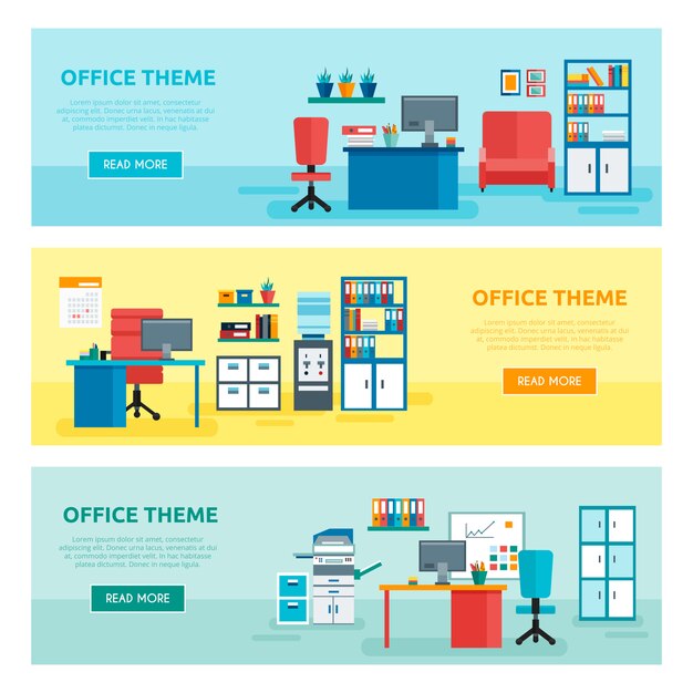 Three horizontal colored office banner set with office theme descriptions and buttons