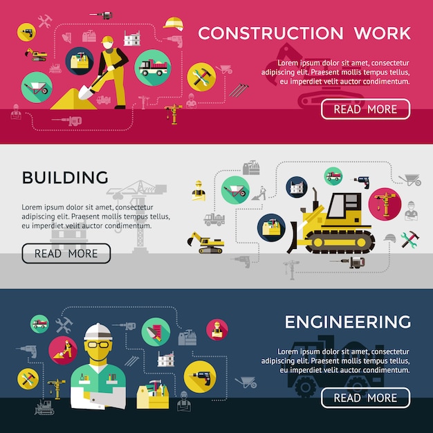 3つの水平建設バナーセット建設工事建物工学記述ベクトルイラスト