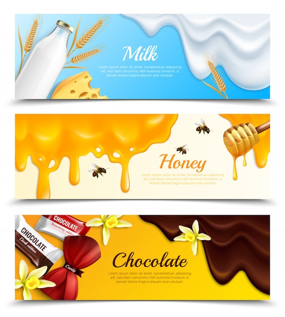 Free vector three horizontal slime splatters blots drips realistic banner set with milk honey and chocolate headline vector illustration