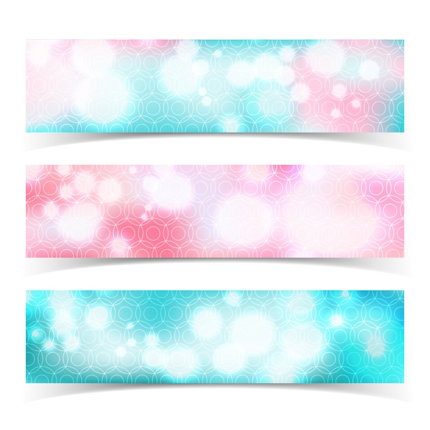 Free vector three isolated multicolored horizontal abstract banner set with glow bokeh effect