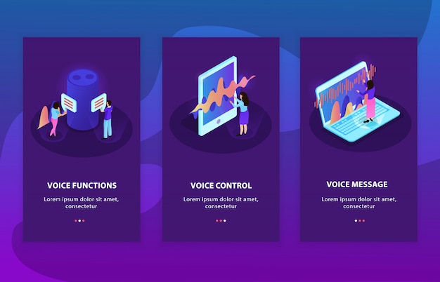 Di tre composizioni pubblicitarie isometriche che rappresentano dispositivi con controllo vocale e funzioni di riconoscimento vocale