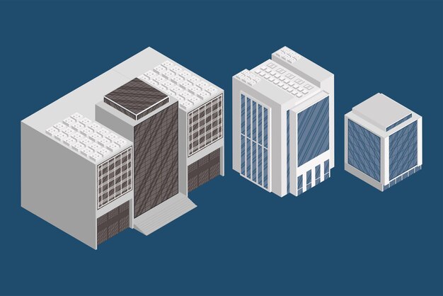 three isometric buildings set icons