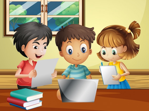 Три ребенка делают исследование на компьютере в комнате