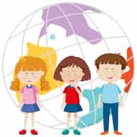 Free vector three kids on earth globe background