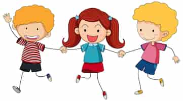 Vettore gratuito tre bambini che tengono le mani stile doodle disegnato a mano del personaggio dei cartoni animati isolato